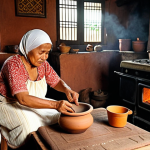 **

> A traditional Malay kitchen scene. A warm, inviting kitchen with a wood-burning stove as the focal point.  A grandmother figure is cooking over the stove, using traditional tools like a *lesung batu* (mortar and pestle) and a clay pot. Aromas of spices fill the air. Soft, nostalgic lighting.

**