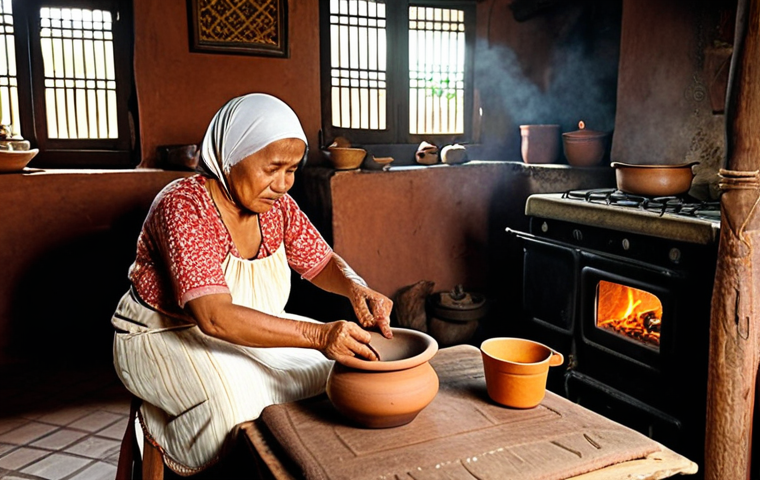 **
> A traditional Malay kitchen scene. A warm, inviting kitchen with a wood-burning stove as the focal point. A grandmother figure is cooking over the stove, using traditional tools like a *lesung batu* (mortar and pestle) and a clay pot. Aromas of spices fill the air. Soft, nostalgic lighting.
**