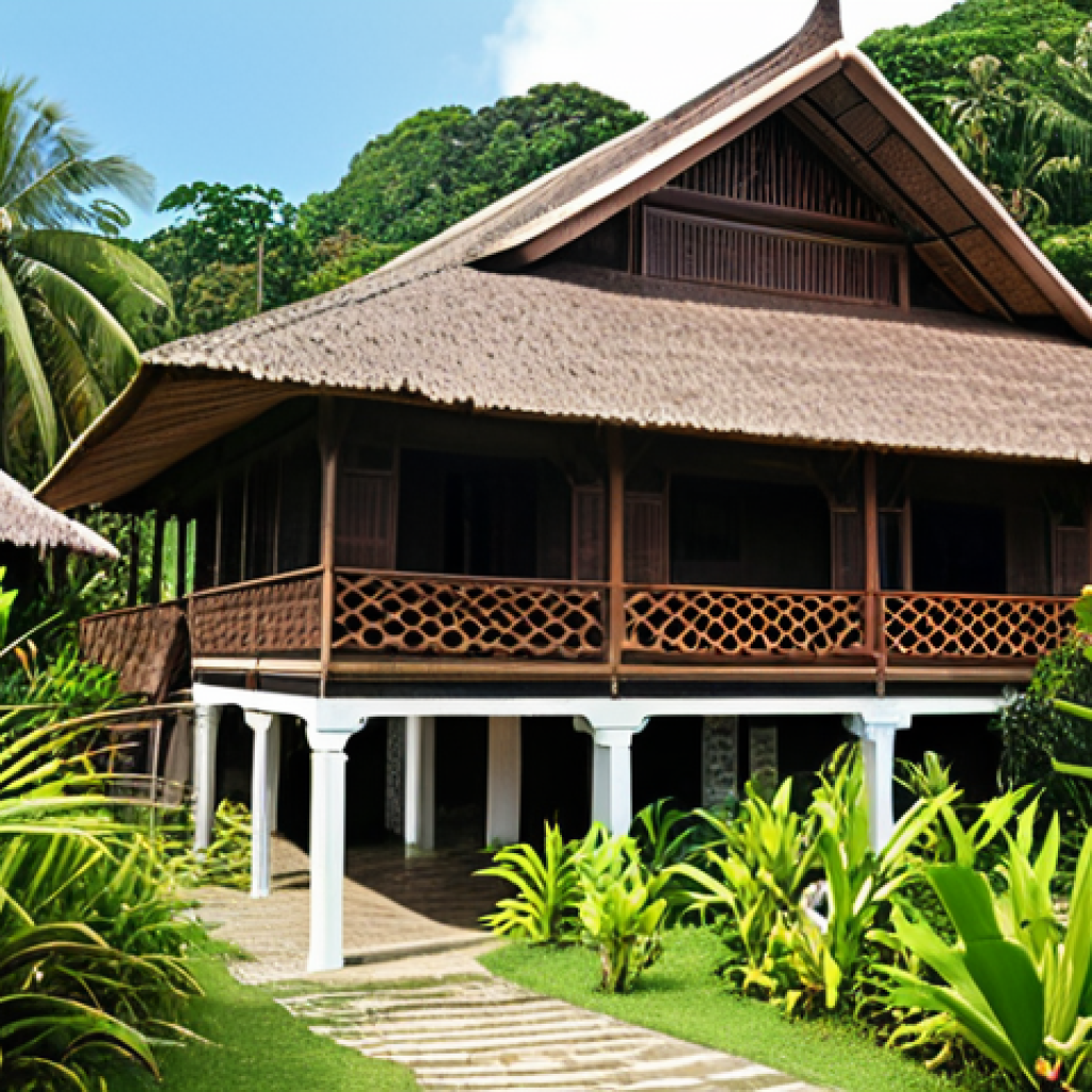 **

A picturesque traditional Malay house ("Rumah Melayu") on the coast, showcasing its intricate wood carvings and elevated structure. The house is built with dark, sturdy wood like "kayu bakau," and has a thatched roof ("atap nipah"). In the background, the ocean is visible, and lush green foliage surrounds the house. The lighting should be warm and inviting, highlighting the details of the architecture.

**