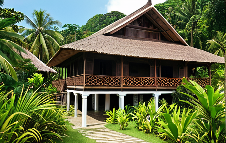 **
A picturesque traditional Malay house ("Rumah Melayu") on the coast, showcasing its intricate wood carvings and elevated structure. The house is built with dark, sturdy wood like "kayu bakau," and has a thatched roof ("atap nipah"). In the background, the ocean is visible, and lush green foliage surrounds the house. The lighting should be warm and inviting, highlighting the details of the architecture.
**