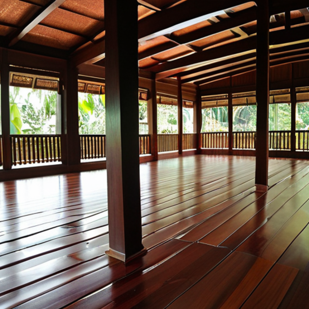 A beautiful traditional Malay wooden house interior, focusing on the elevated, polished dark hardwood floor. Natural sunlight streams through the windows, highlighting the intricate wood grain and casting soft shadows. Below the floor, a visible airy space suggests optimal natural ventilation, creating a cool and tranquil atmosphere within the tropical setting. The scene should convey a sense of timeless comfort and ingenious climate adaptation, without any modern cooling systems.