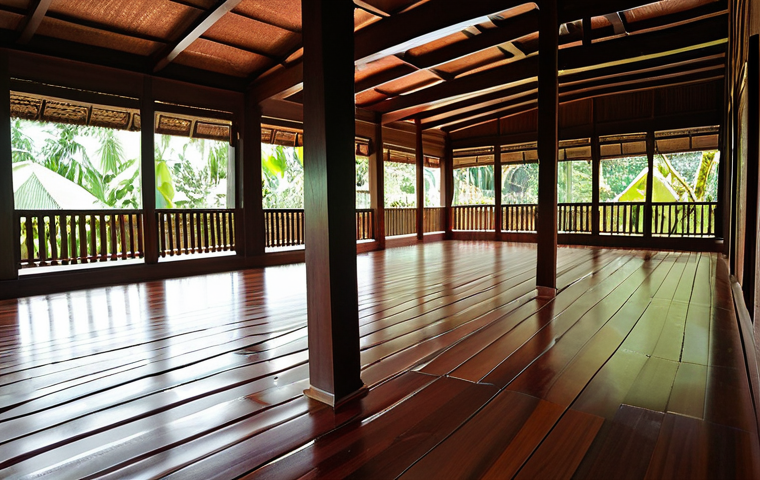 A beautiful traditional Malay wooden house interior, focusing on the elevated, polished dark hardwood floor. Natural sunlight streams through the windows, highlighting the intricate wood grain and casting soft shadows. Below the floor, a visible airy space suggests optimal natural ventilation, creating a cool and tranquil atmosphere within the tropical setting. The scene should convey a sense of timeless comfort and ingenious climate adaptation, without any modern cooling systems.