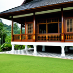 A stunning traditional Malay stilt house (Rumah Melayu) exterior, nestled within a lush, vibrant tropical garden. The house features a distinctive high, steep, dark-tiled roof, intricate wooden carvings on its eaves and railings, and large, open windows that allow for natural ventilation and abundant sunlight. The architecture showcases natural materials like dark hardwood, with a spacious, shaded veranda (serambi) overlooking the serene landscape. The scene is bathed in soft, natural daylight, reflecting a timeless elegance and sustainable design. perfect anatomy, correct proportions, natural pose, well-formed hands, proper finger count, natural body proportions, professional photography, high quality, safe for work, appropriate content, fully clothed, family-friendly.