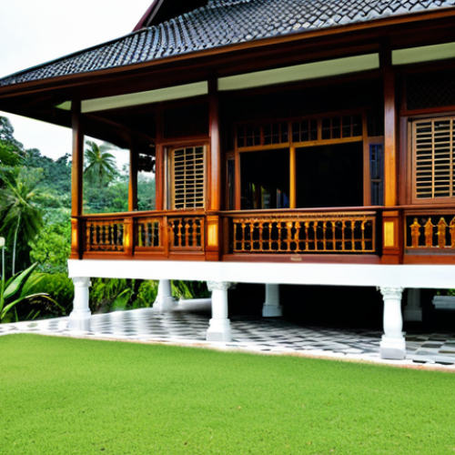 A stunning traditional Malay stilt house (Rumah Melayu) exterior, nestled within a lush, vibrant tropical garden. The house features a distinctive high, steep, dark-tiled roof, intricate wooden carvings on its eaves and railings, and large, open windows that allow for natural ventilation and abundant sunlight. The architecture showcases natural materials like dark hardwood, with a spacious, shaded veranda (serambi) overlooking the serene landscape. The scene is bathed in soft, natural daylight, reflecting a timeless elegance and sustainable design. perfect anatomy, correct proportions, natural pose, well-formed hands, proper finger count, natural body proportions, professional photography, high quality, safe for work, appropriate content, fully clothed, family-friendly.