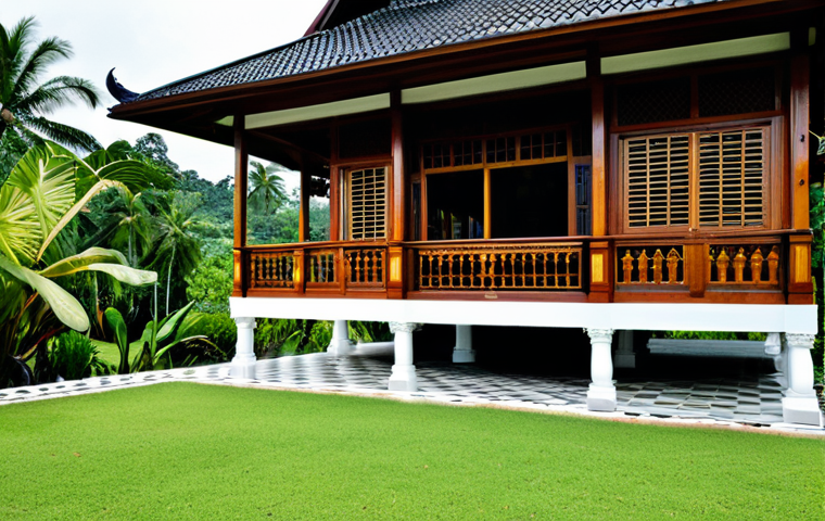 A stunning traditional Malay stilt house (Rumah Melayu) exterior, nestled within a lush, vibrant tropical garden. The house features a distinctive high, steep, dark-tiled roof, intricate wooden carvings on its eaves and railings, and large, open windows that allow for natural ventilation and abundant sunlight. The architecture showcases natural materials like dark hardwood, with a spacious, shaded veranda (serambi) overlooking the serene landscape. The scene is bathed in soft, natural daylight, reflecting a timeless elegance and sustainable design. perfect anatomy, correct proportions, natural pose, well-formed hands, proper finger count, natural body proportions, professional photography, high quality, safe for work, appropriate content, fully clothed, family-friendly.