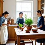 Nostalgic Kitchen Scene**

"A bright and airy kitchen combining modern and traditional elements. Wooden cabinets with visible wood grain, clay pots displayed on open shelves, and a large wooden table in the center of the room. Herbs are growing in pots on a windowsill. Fully clothed family members are preparing food together. Safe for work, appropriate content, family-friendly, professional photography, perfect anatomy, natural proportions, modest clothing."

**