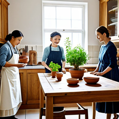 Nostalgic Kitchen Scene**

"A bright and airy kitchen combining modern and traditional elements. Wooden cabinets with visible wood grain, clay pots displayed on open shelves, and a large wooden table in the center of the room. Herbs are growing in pots on a windowsill. Fully clothed family members are preparing food together. Safe for work, appropriate content, family-friendly, professional photography, perfect anatomy, natural proportions, modest clothing."

**