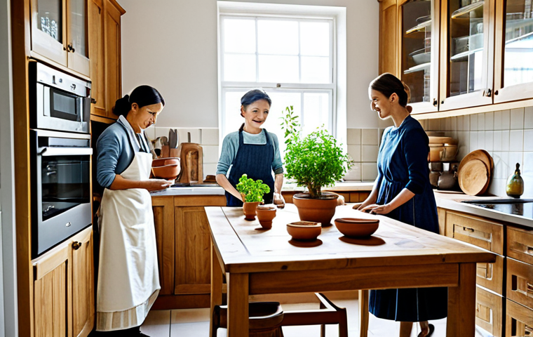 Nostalgic Kitchen Scene**

"A bright and airy kitchen combining modern and traditional elements. Wooden cabinets with visible wood grain, clay pots displayed on open shelves, and a large wooden table in the center of the room. Herbs are growing in pots on a windowsill. Fully clothed family members are preparing food together. Safe for work, appropriate content, family-friendly, professional photography, perfect anatomy, natural proportions, modest clothing."

**